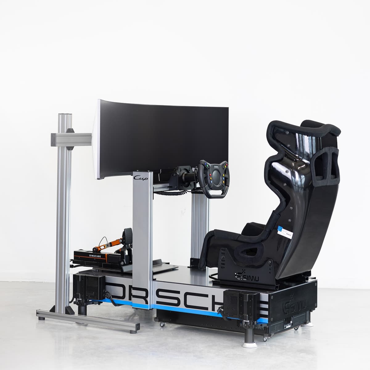 Professional sim racing rigs at an event